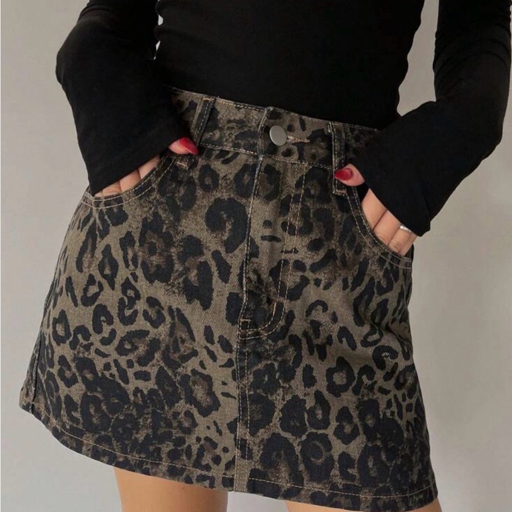 Leopard Print Denim Skort in Olive Black - Stylish Women’s Shorts Skort
